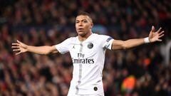Paris Saint-Germain&#039;s French striker Kylian Mbappe celebrates scoring his team&#039;s second goal during the first leg of the UEFA Champions League round of 16 football match between Manchester United and Paris Saint-Germain (PSG) at Old Trafford in 