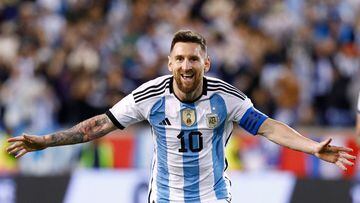 Argentina's Lionel Messi celebrates his goal during during the international friendly football match between Argentina and Jamaica at Red Bull Arena in Harrison, New Jersey, on September 27, 2022. (Photo by Andres Kudacki / AFP)