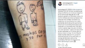 Luis Delgado se tatúa carta y dibujo de su hijo Mathias