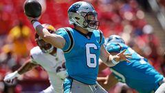 Baker Mayfield of the Carolina Panthers looks to pass against the Washington Commanders during the first half of the preseason game at FedExField on August 13, 2022 in Landover, Maryland.