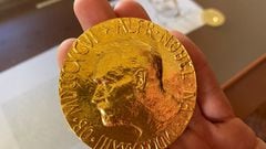 Nobel Prize medal replica is on display inside the Norwegian Nobel Institute in Oslo, Norway.