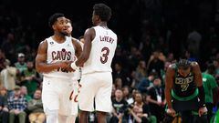 Oct 28, 2022; Boston, Massachusetts, USA; Cleveland Cavaliers guard Donovan Mitchell (45) and guard Caris LeVert (3) react after defeating the Boston Celtics in overtime at TD Garden. Mandatory Credit: David Butler II-USA TODAY Sports