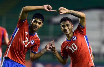 Chile's Lucas Assadi (R) celebrates with teammate Dario Osorio after scoring against Bolivia during their South American under 20, first round football match at the Deportivo Cali Stadium in Palmira, near Cali, Colombia, on January 24, 2023. (Photo by JOAQUIN SARMIENTO / AFP)