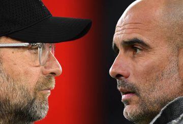 Jurgen Klopp, Manager of Liverpool (L) and Josep Guardiola, Manager of Manchester City. Liverpool FC and Manchester City meet in a Premier League match on November 10