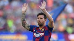 (FILES) In this file photo taken on August 4, 2019 Barcelona&#039;s Argentinian forward Lionel Messi waves before the 54th Joan Gamper Trophy friendly football match between Barcelona and Arsenal at the Camp Nou stadium in Barcelona. - Lionel Messi will e