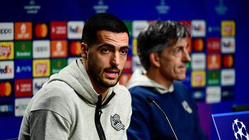Real Sociedad's Spanish midfielder #8 Mikel Merino holds a press conference at the Anoeta stadium in San Sebastian on November 28, 2023 on the eve of the UEFA Champions League first round group D football match between Real Sociedad and FC Salzburg. (Photo by ANDER GILLENEA / AFP)