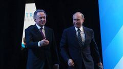 KOVROV, RUSSIA - OCTOBER, 11: (RUSSIA OUT) Russian President Vladimir Putin (R) and Sport Minister Vitaly Mutko (L) arrive to the Russia - Country of Sport International Sports Forum on October 11, 2016 in Kovrov, 260 km. East of Moscow, Russia. Putin is having a one-day visit to Kovrov, Vladimir oblast region. (Photo by Mikhail Svetlov/Getty Images)
