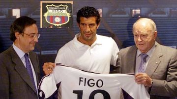Florentino P&eacute;rez, Luis Figo y Alfredo di St&eacute;fano.