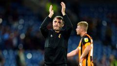 Hull City manager Shota Arveladze applauds the fans after the final whistle in the Sky Bet Championship match at Turf Moor, Burnley. Picture date: Tuesday August 16, 2022. (Photo by Martin Rickett/PA Images via Getty Images)