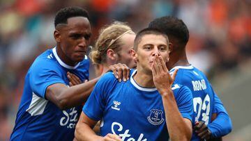 BLACKPOOL, ENGLAND - JULY 24: Vitaliy Mykolenko of Everton celebrates scoring the opening goal during the Pre-Season Friendly match between Blackpool and Everton at Bloomfield Road on July 24, 2022 in Blackpool, England. (Photo by Chris Brunskill/Fantasista/Getty Images)