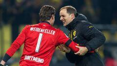 Roman Weidenfeller y Thomas Tuchel en el &uacute;ltimo partido del Dortmund en la Busdesliga.