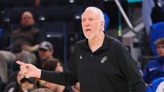 Mar 31, 2023; San Francisco, California, USA; San Antonio Spurs head coach Gregg Popovich calls out from the sideline during the third quarter against the Golden State Warriors at Chase Center. Mandatory Credit: Kelley L Cox-USA TODAY Sports