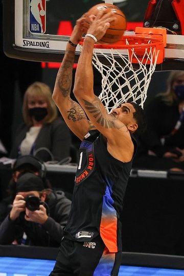Obi Toppin of the New York Knicks competes in the 2021 NBA All-Star - AT&T Slam Dunk Contest during All-Star Sunday Night.