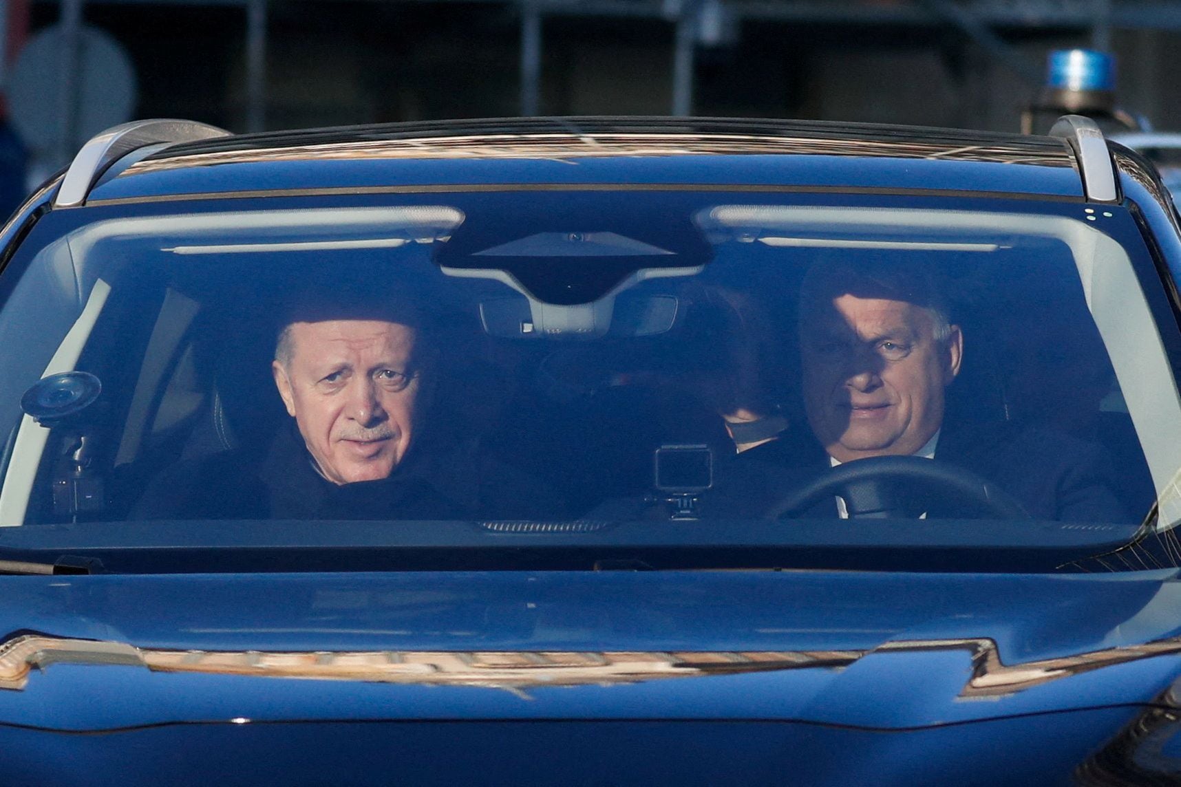 Hungarian Prime Minister Viktor Orban drives a car with Turkish President Recep Tayyip Erdogan, in Budapest, Hungary, December 18, 2023. REUTERS/Bernadett Szabo     TPX IMAGES OF THE DAY