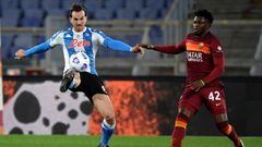 STADIO OLIMPICO , ROME, ITALY - 2021/03/21: Fabian Ruiz of SSC Napoli and Amadou Diawara of AS Roma compete for the ball during the Serie A football match between AS Roma and SSC Napoli at Olimpico stadium in Roma (Italy), March 21th, 2021. SSC Napoli won