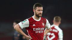 LONDON, ENGLAND - DECEMBER 22: Shkodran Mustafi of Arsenal reacts during the Carabao Cup Quarter Final match between Arsenal and Manchester City at Emirates Stadium on December 22, 2020 in London, England. The match will be played without fans, behind clo