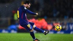 SAN SEBASTIAN, SPAIN - JANUARY 14: Lionel Messi of FC Barcelona scores his team&#039;s fourth goal during the La Liga match between Real Sociedad and FC Barcelona at Anoeta stadium on January 14, 2018 in San Sebastian, Spain.  (Photo by David Ramos/Getty 