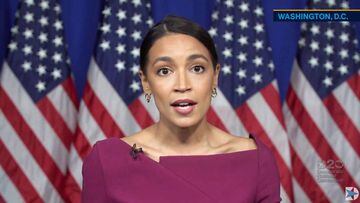 This video grab made on August 18, 2020 from the online broadcast of the Democratic National Convention, being held virtually amid the novel coronavirus pandemic, shows US Representative (D-NY) Alexandria Ocasio-Cortez speaking from Washington during the 