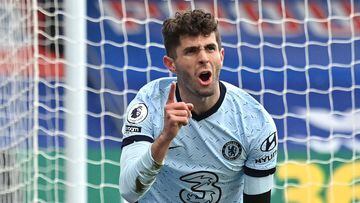 LONDON, ENGLAND - APRIL 10: Christian Pulisic of Chelsea  celebrates after scoring their team&#039;s second goal  during the Premier League match between Crystal Palace and Chelsea at Selhurst Park on April 10, 2021 in London, England. Sporting stadiums a