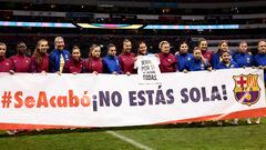 The women's teams of Barcelona and América show a message of support for Spanish soccer player Jennifer Hermoso, at the Azteca Stadium in Mexico City.