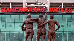 The Unity Trinity statue, depicting footballers George Best, Denis Law and Bobby Charlton, outside the Old Trafford football ground