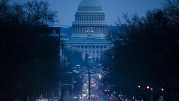 Washington (United States), 09/03/2021.- The US Capitol is seen at dusk from more than two miles away in the Cathedral neighborhood in Washington DC, USA, 09 March 2021. The House of Representatives will hold a final vote on President Biden&#039;&Auml;&oc