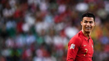 Portugal's forward Cristiano Ronaldo smiles during the UEFA Nations League, league A group 2 football match between Portugal and Czech Republic at the Jose Alvalade stadium in Lisbon on June 9, 2022. (Photo by PATRICIA DE MELO MOREIRA / AFP)