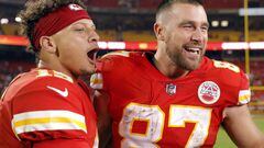 KANSAS CITY, MISSOURI - OCTOBER 10: Patrick Mahomes #15 and Travis Kelce #87 of the Kansas City Chiefs celebrate after the Chiefs defeated the Las Vegas Raiders 30-29 to win the game at Arrowhead Stadium on October 10, 2022 in Kansas City, Missouri.   David Eulitt/Getty Images/AFP