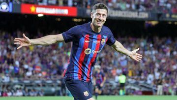 Robert Lewandowski goal celebration during the match between FC Barcelona and Pumas UNAM, corresponding to the Joan Gamper tropphy, played at the Spotify Camp Nou, in Barcelona, on 07th August 2022. 
 -- (Photo by Urbanandsport/NurPhoto via Getty Images)
