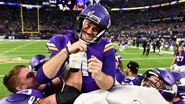 MINNEAPOLIS, MINNESOTA - DECEMBER 17: Greg Joseph #1 of the Minnesota Vikings celebrates with teammates after hitting the game winning field goal in overtime against the Indianapolis Colts at U.S. Bank Stadium on December 17, 2022 in Minneapolis, Minnesota.   Stephen Maturen/Getty Images/AFP (Photo by Stephen Maturen / GETTY IMAGES NORTH AMERICA / Getty Images via AFP)
