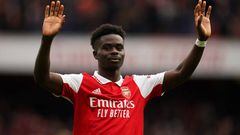 Arsenal's Bukayo Saka celebrates after the Premier League match at the Emirates Stadium, London. Picture date: Sunday March 19, 2023. (Photo by John Walton/PA Images via Getty Images)