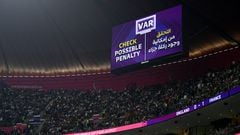 Soccer Football - FIFA World Cup Qatar 2022 - Quarter Final - England v France - Al Bayt Stadium, Al Khor, Qatar - December 10, 2022 General view of the giant screen during a VAR check for a possible penalty to England REUTERS/Annegret Hilse
