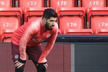 Barcelona's Luis Suarez in training at Anfield - a ground he knows well.