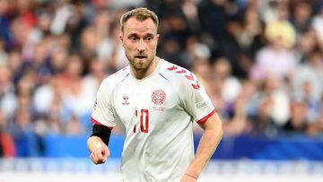 (FILES) This file photograph taken on June 3, 2022, shows Denmark's midfielder Christian Eriksen controling the ball during the UEFA Nations League - League A Group 1 first leg football match between France and Denmark at the Stade de France in Saint-Denis, north of Paris. (Photo by FRANCK FIFE / AFP)