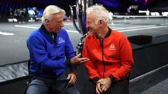 LONDON, ENGLAND - SEPTEMBER 20: Team Captains John McEnroe and Bjorn Borg talk to the media ahead of the Laver Cup at The O2 Arena on September 20, 2022 in London, England. (Photo by Clive Brunskill/Getty Images for Laver Cup)