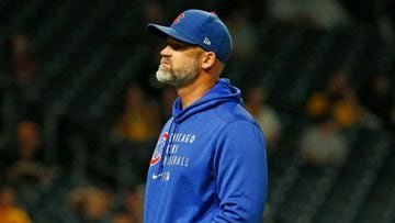 Chicago Cubs manager David Ross, second from left, talks to players during  the eighth inning of a baseball game against the Chicago White Sox in  Chicago, Wednesday, Aug. 16, 2023. (AP Photo/Nam