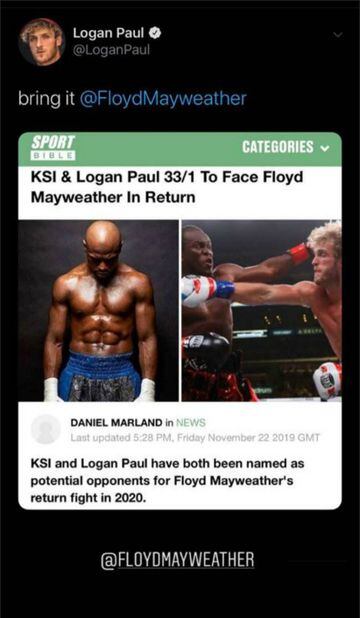 Luego de que el boxeador estadounidense Floyd Mayweather Jr anunciara que saldrá del retiro, los rivales comenzaron a salir y el Youtuber Logan Paul es uno de ellos.