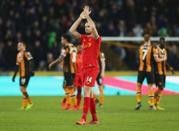 Jordan Henderson of Liverpool shows appreciation to the fans after the Premier League match between Hull City and Liverpool.