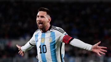 Lionel Messi celebrates scoring against Ecuador.