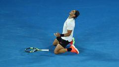 Rafael Nadal of Spain celebrates winning match point in his semifinal match against Grigor Dimitrov of Bulgaria