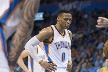 Russell Westbrook of the Oklahoma City Thunder reacts during the first half of a NBA game against the Denver Nuggets