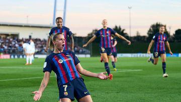 MADRID, SPAIN - NOVEMBER 06: Ana-Maria Crnogorcevic of FC Barcelona celebrates after scoring her team's first goal during The Liga F  match between Real Madrid and FC Barcelona at Estadio Alfredo Di Stefano on November 06, 2022 in Madrid, Spain. (Photo by Diego Souto/Quality Sport Images/Getty Images)
