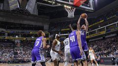 Domantas Sabonis #10 of the Sacramento Kings goes to the basket during the game on March 25, 2023 at Golden 1 Center in Sacramento, California.