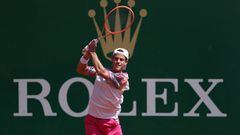MONTE-CARLO, MONACO - APRIL 14:  Diego Schwartzman of Argentina in action in his match against Lorenzo Musetti of Italy during day five of the Rolex Monte-Carlo Masters at Monte-Carlo Country Club on April 14, 2022 in Monte-Carlo, Monaco. (Photo by Julian