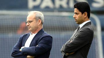 PSG's manager Luis Campos (L) and president Nasser Al-Khelaifi (R) attend a training session on the eve of the UEFA Champions League football match between Paris Saint-Germain and Juventus Turin in Saint-Germain-en-Laye outside Paris, on September 5, 2022. (Photo by FRANCK FIFE / AFP) (Photo by FRANCK FIFE/AFP via Getty Images)