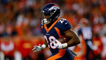 DENVER, CO - OCTOBER 1: Running back Royce Freeman #28 of the Denver Broncos carries the ball against the Kansas City Chiefs at Broncos Stadium at Mile High on October 1, 2018 in Denver, Colorado.   Justin Edmonds/Getty Images/AFP == FOR NEWSPAPERS, INTE