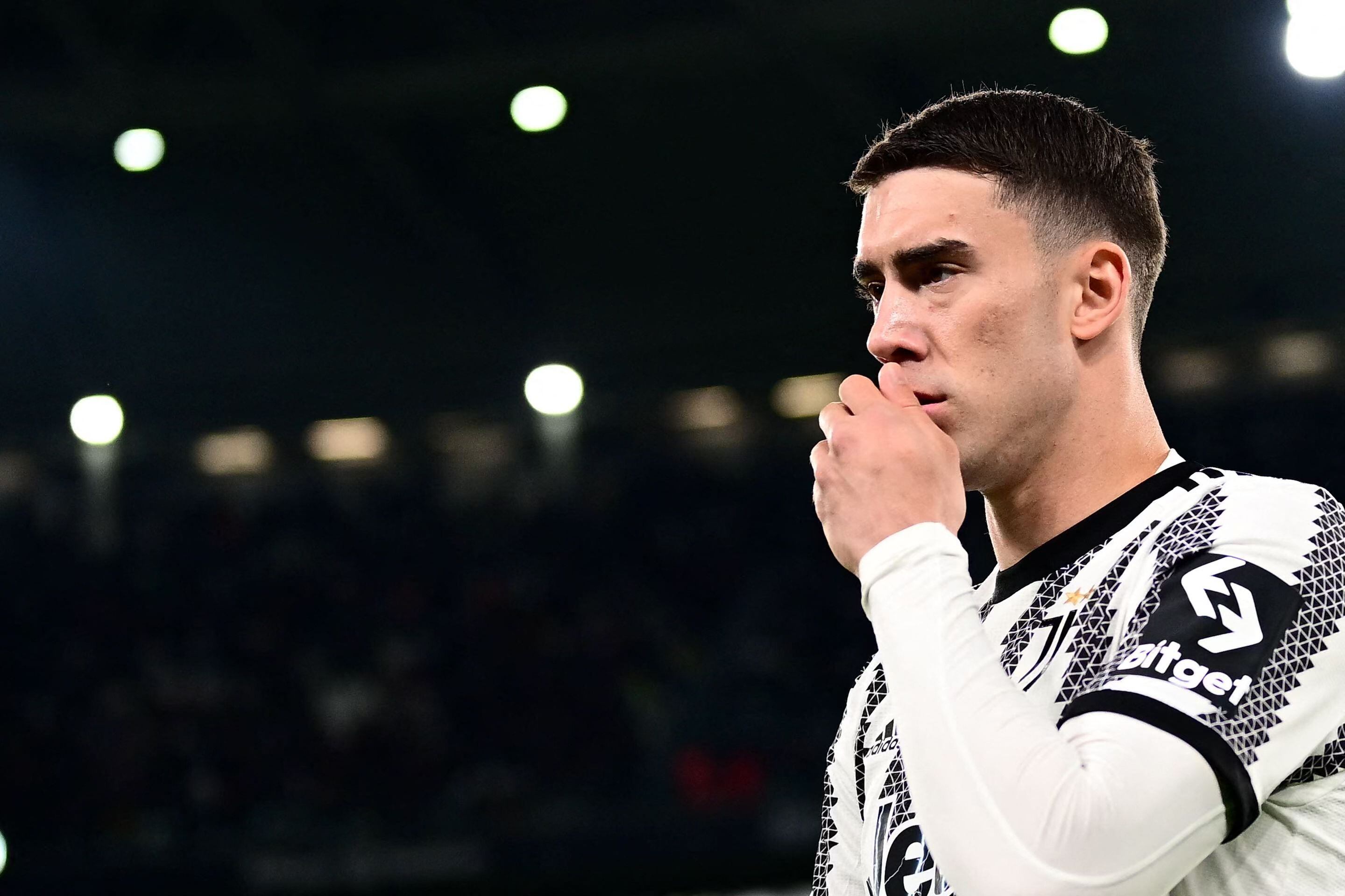 Juventus� Serbian forward Dusan Vlahovic looks on during the Italian Cup semi-final first leg football match between Juventus and Inter Milan on April 4 2023 at the "Allianz Stadium" in Turin. (Photo by Marco BERTORELLO / AFP)