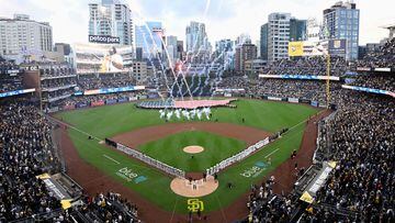 SAN DIEGO, CA - MARCH 30: Fireworks go off during the national anthem on the opening day game of the 2023 Major League Baseball season between the Colorado Rockies and the San Diego Padres March 30, 2023 at Petco Park in San Diego, California.   Denis Poroy/Getty Images/AFP (Photo by DENIS POROY / GETTY IMAGES NORTH AMERICA / Getty Images via AFP)