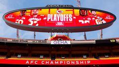 KANSAS CITY, MISSOURI - JANUARY 29: A general view of the video board prior to a game between the Cincinnati Bengals and Kansas City Chiefs in the AFC Championship Game at GEHA Field at Arrowhead Stadium on January 29, 2023 in Kansas City, Missouri.   David Eulitt/Getty Images/AFP (Photo by David Eulitt / GETTY IMAGES NORTH AMERICA / Getty Images via AFP)