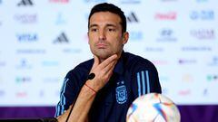 LUSAIL CITY, QATAR - NOVEMBER 22: Lionel Scaloni, Head Coach of Argentina, speaks to the media in the post match press conference after the 2-1 loss during the FIFA World Cup Qatar 2022 Group C match between Argentina and Saudi Arabia at Lusail Stadium on November 22, 2022 in Lusail City, Qatar. (Photo by Hector Vivas - FIFA/FIFA via Getty Images)